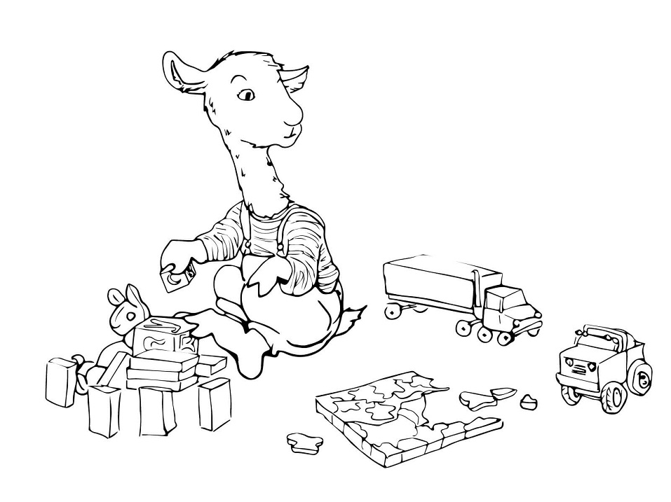 Line drawing of llama sitting with toys and blocks