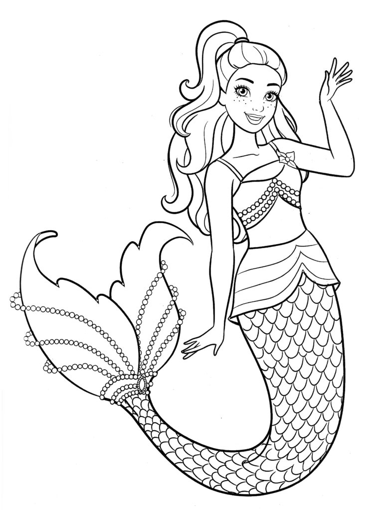 Black-and-white mermaid coloring page, waving woman