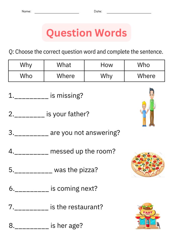 Question words worksheet with blanks and cartoons