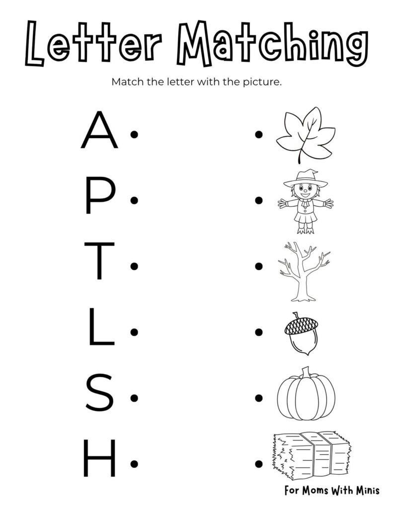 Letter matching worksheet with letters and pictures on white background