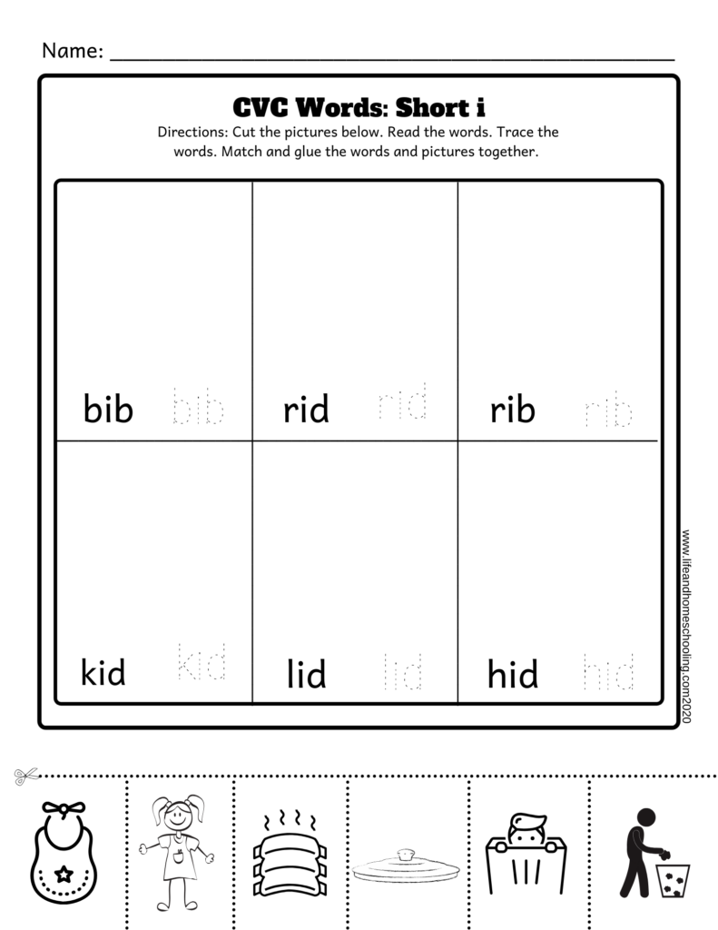 CVC words worksheet with matching pictures and letters