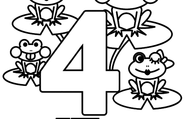 Four frogs around a large number four
