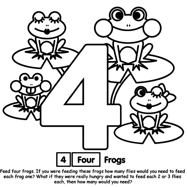 Four frogs around a large number four