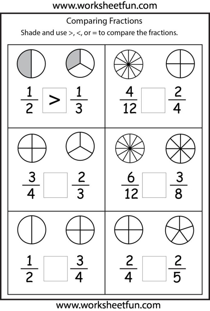 Comparing fractions worksheet with circles and symbols