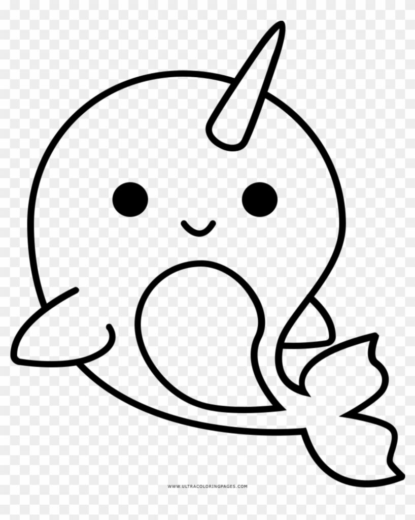 Cute cartoon narwhal outline on transparent background