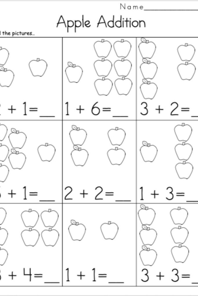 Apple addition worksheet with apple drawings and equations