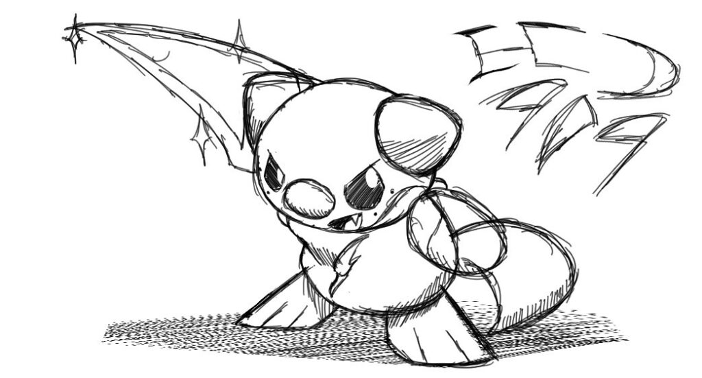Sketch of a cartoon animal with wings and sparkles