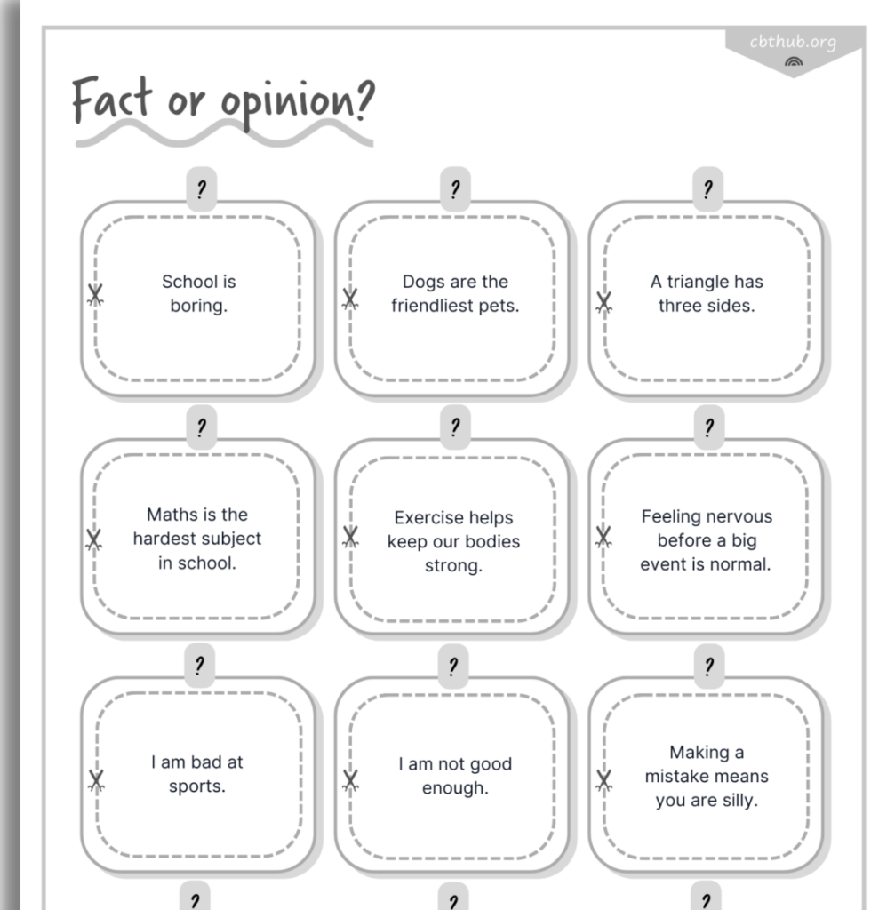 Fact or opinion worksheet with nine statement boxes
