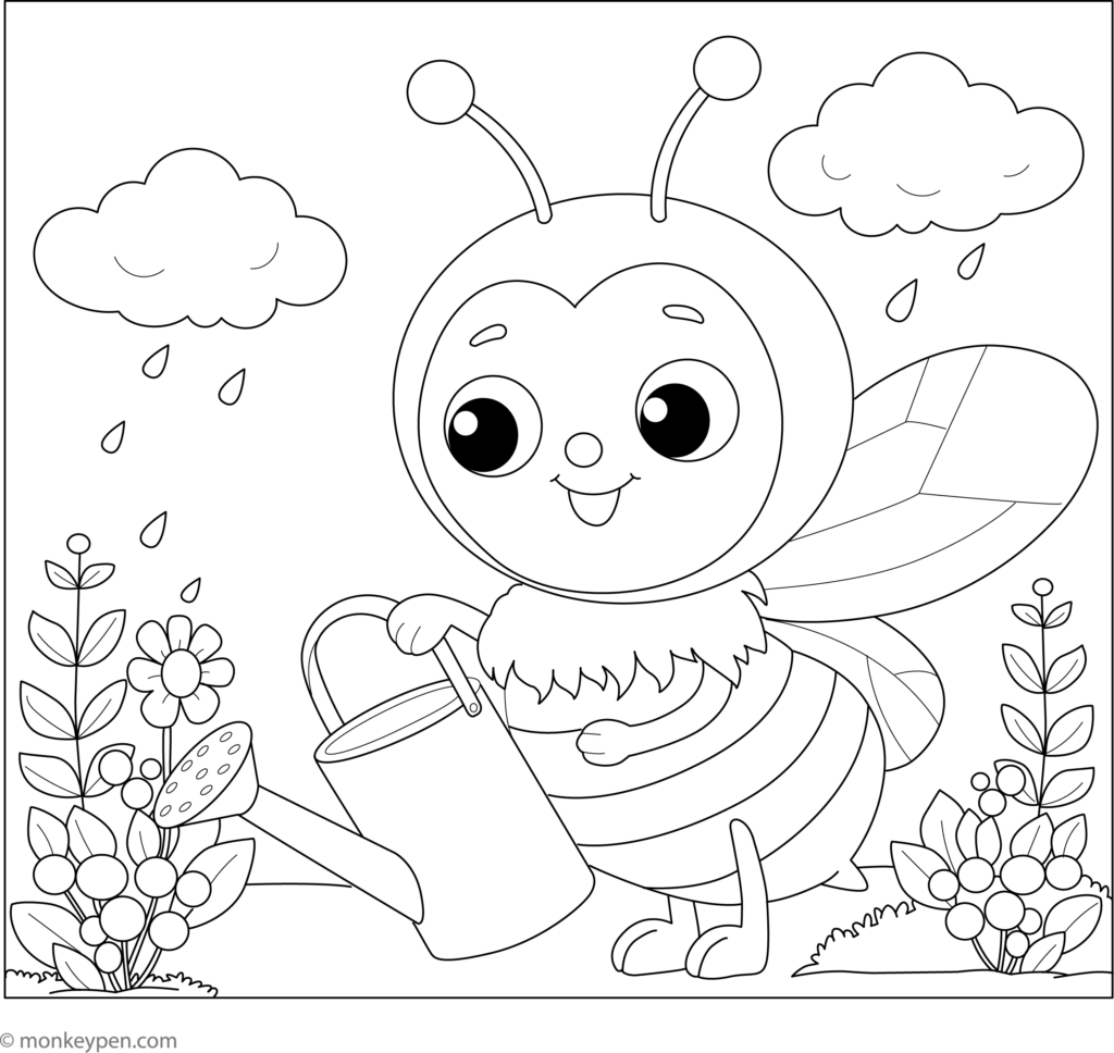 Cute cartoon bee watering flowers in a garden