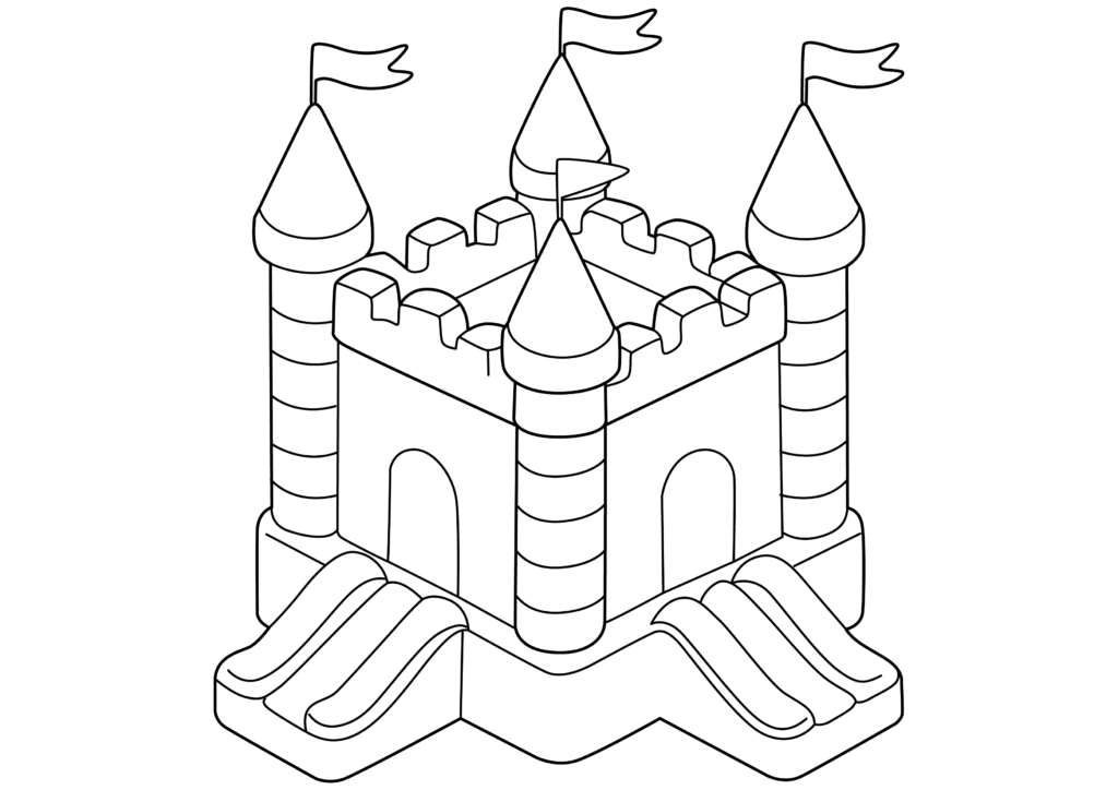 Black-and-white cartoon castle with flags and towers