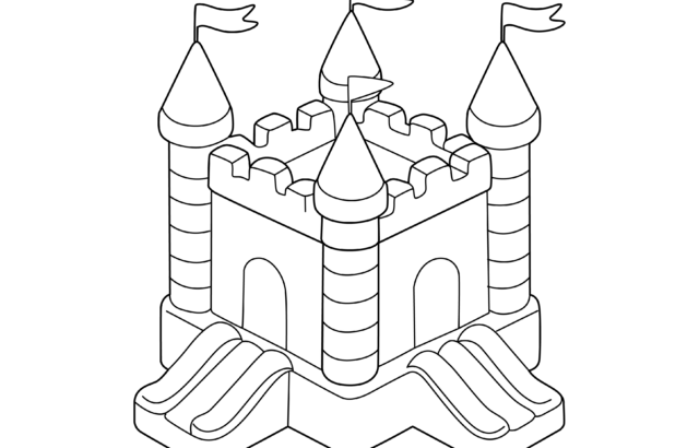 Black-and-white cartoon castle with flags and towers
