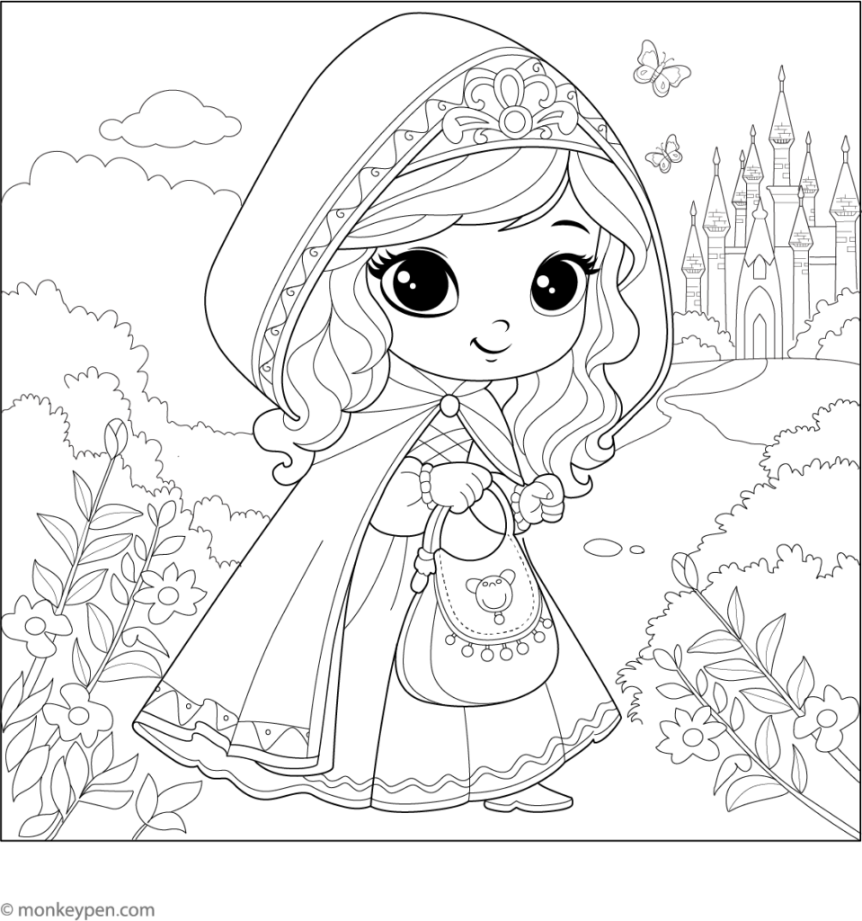 Coloring page of princess with castle and flowers