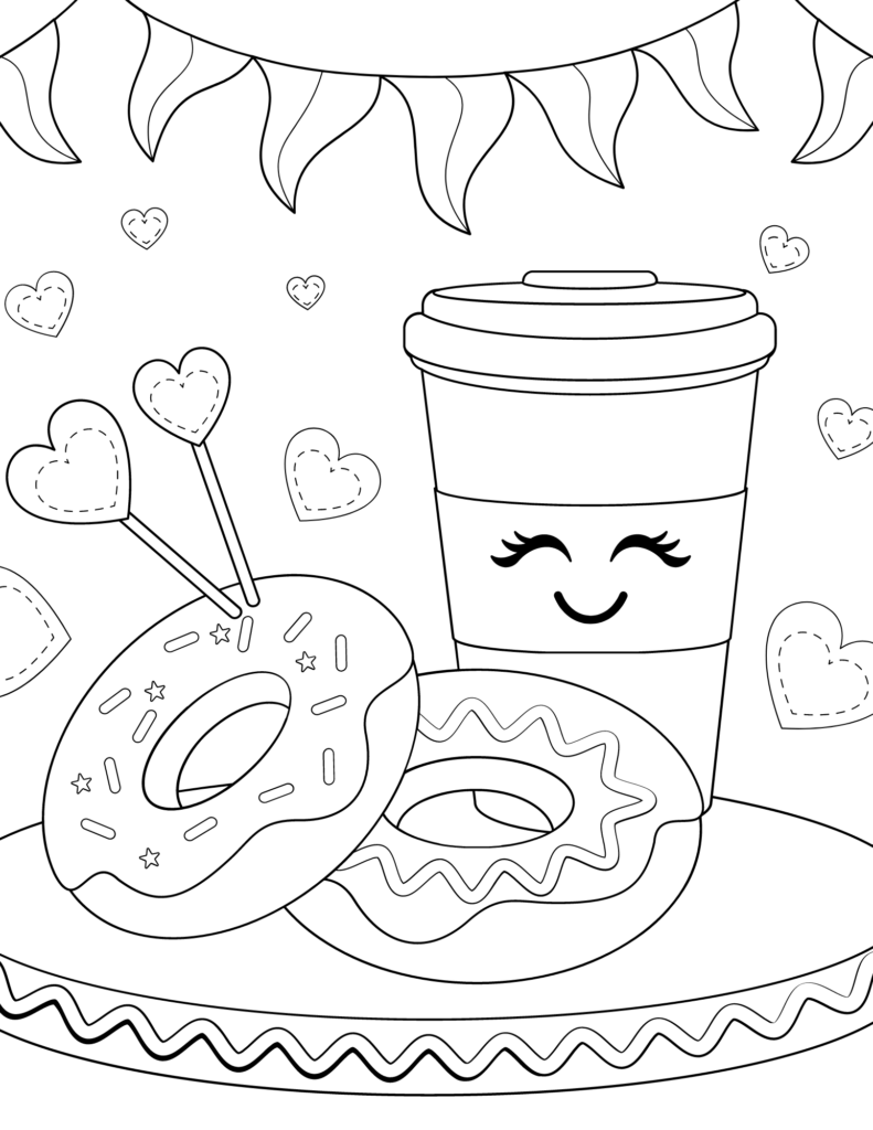 Cute coffee cup and donuts with heart decorations