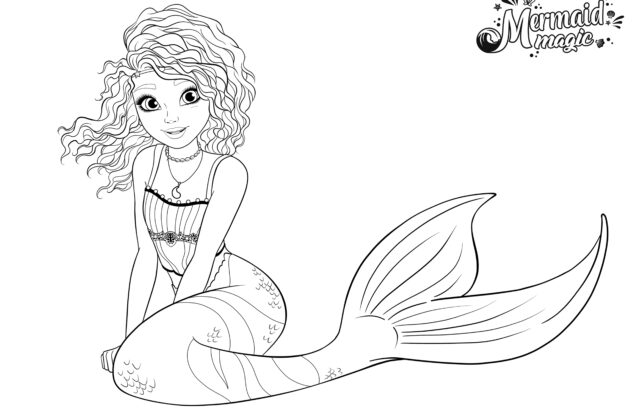 Black-and-white mermaid coloring page with logo text