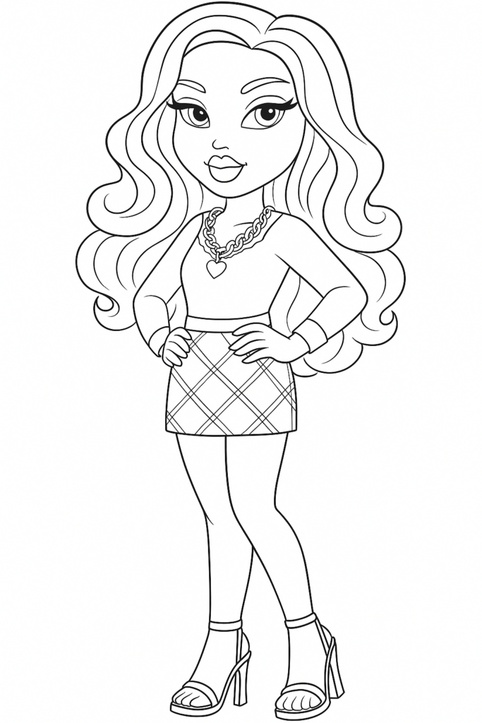 Line drawing of a fashionable girl with long wavy hair