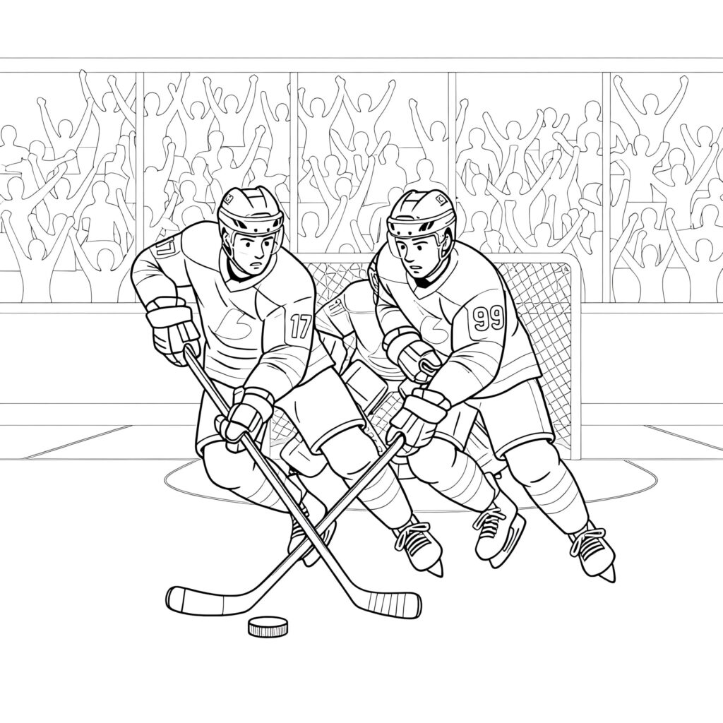 Two hockey players compete in front of goal.
