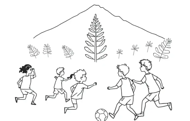 Children playing soccer under a mountain drawing