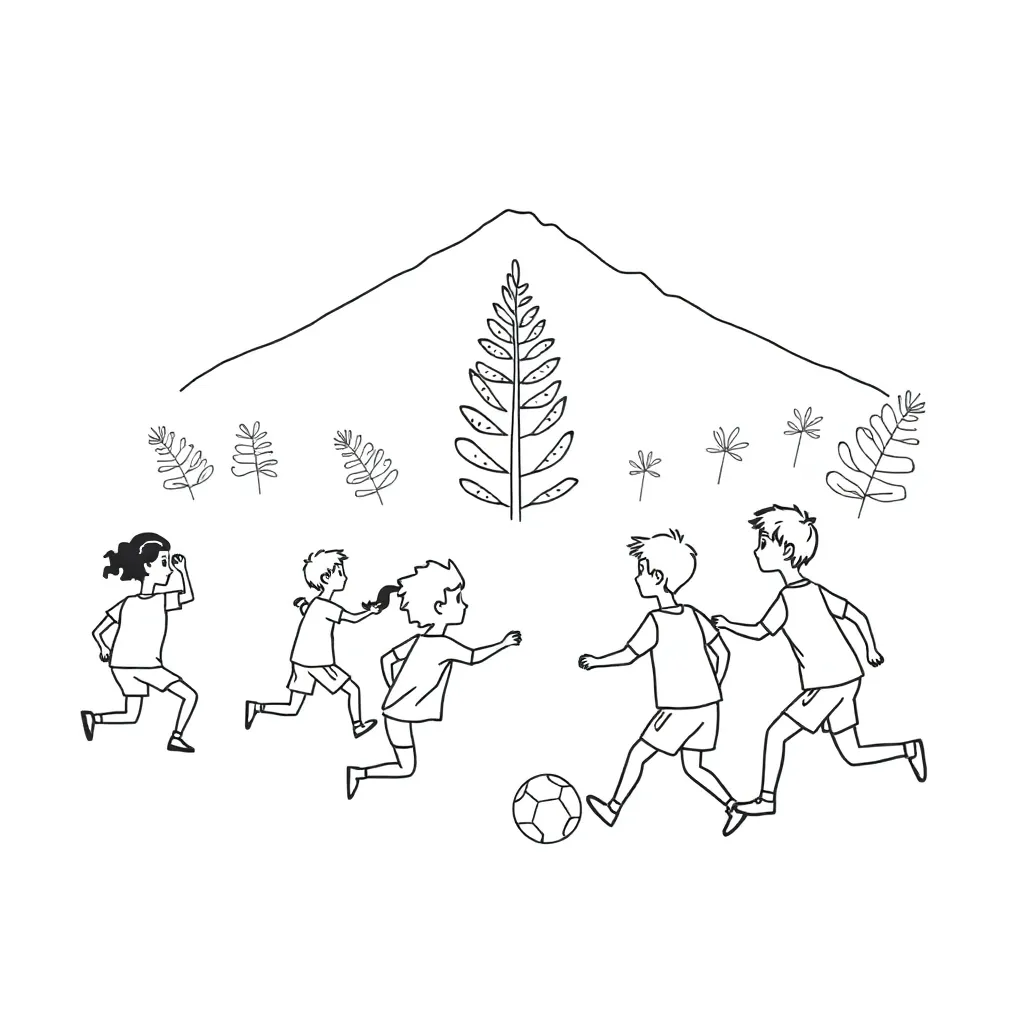 Children playing soccer under a mountain drawing