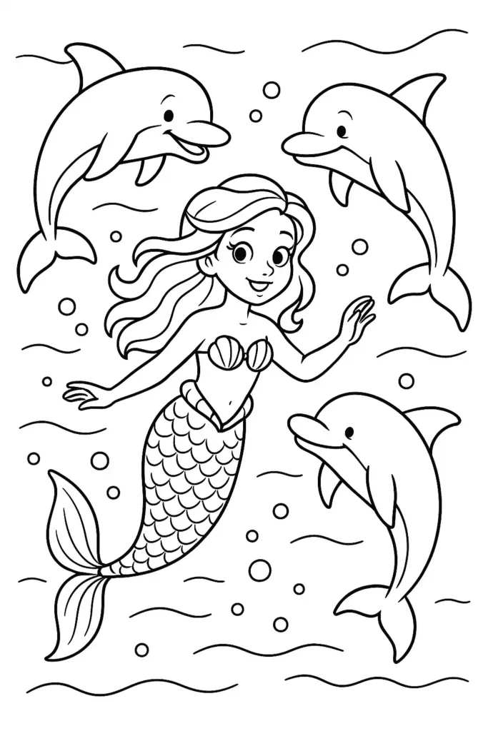 Mermaid surrounded by three smiling dolphins underwater