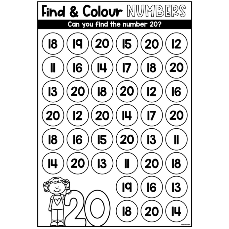 Number search worksheet with circles and 20s