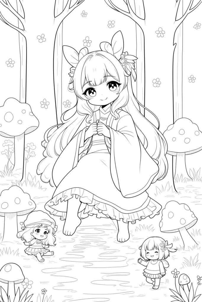 Anime girl in kimono sitting in mushroom forest