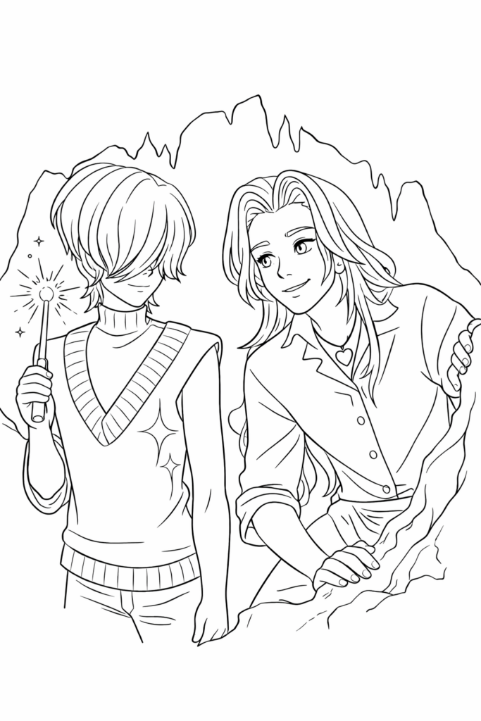 Two anime-style people exploring a cave with a wand