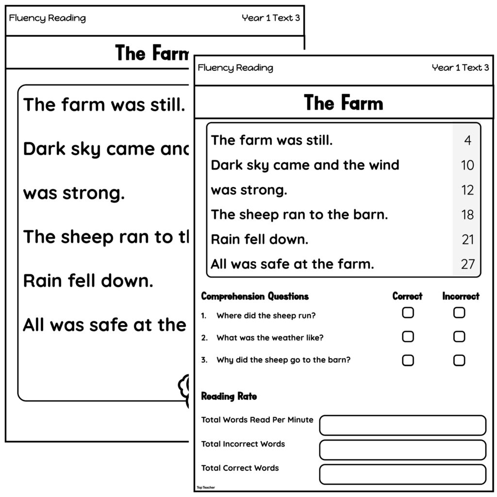 Two overlapping reading fluency worksheet pages titled The Farm