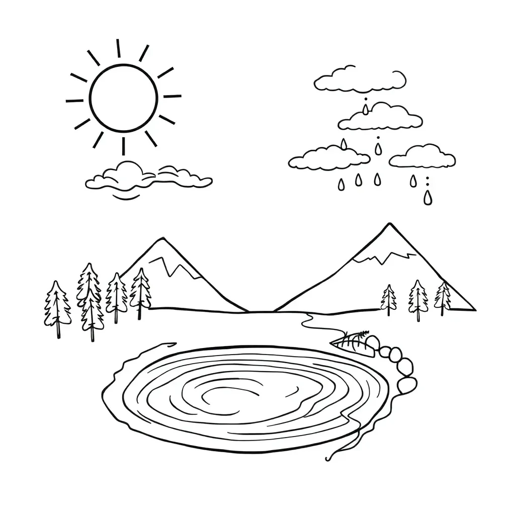 Simple black line drawing of mountains, clouds, sun, lake