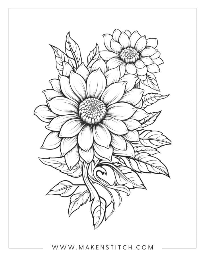 Black-and-white floral line drawing with two flowers