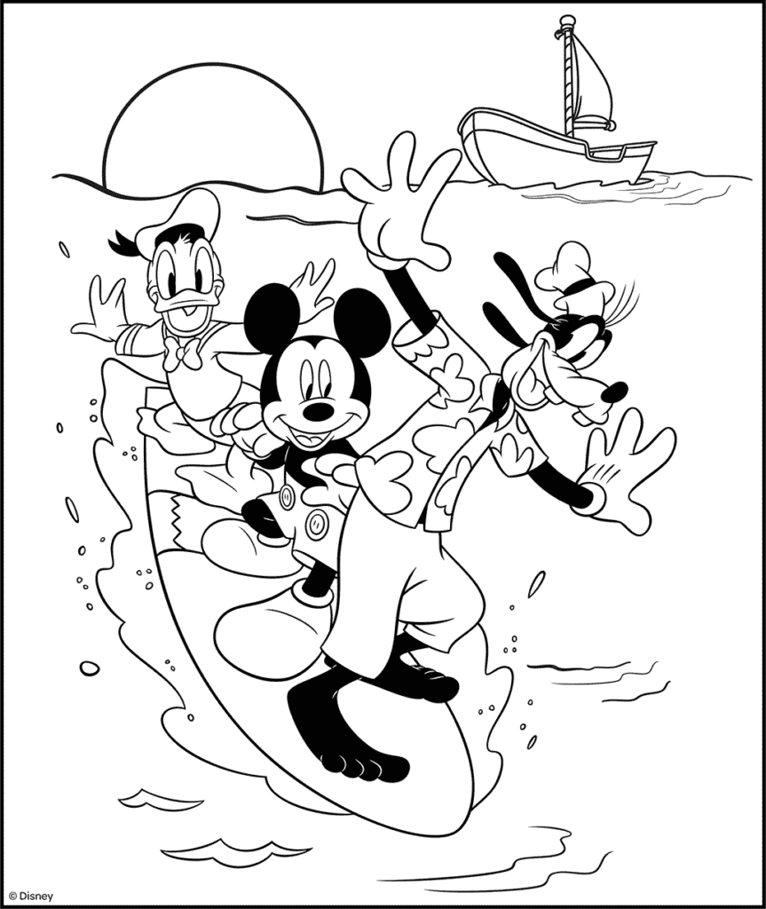 Mickey, Donald, and Goofy surfing together at sea