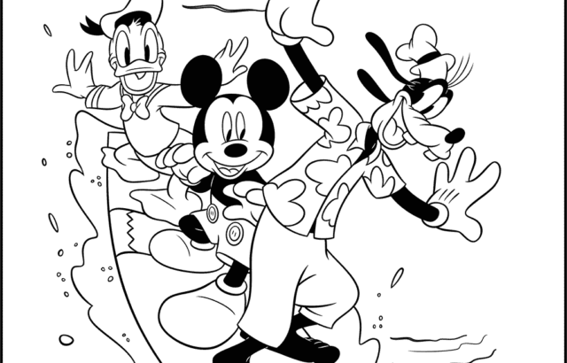 Mickey, Donald, and Goofy surfing near sailboat