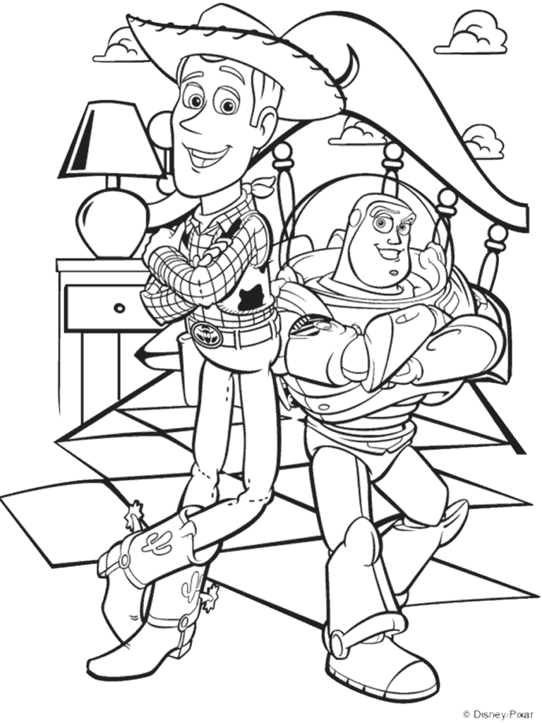 Woody and Buzz Lightyear posing in a bedroom comic scene