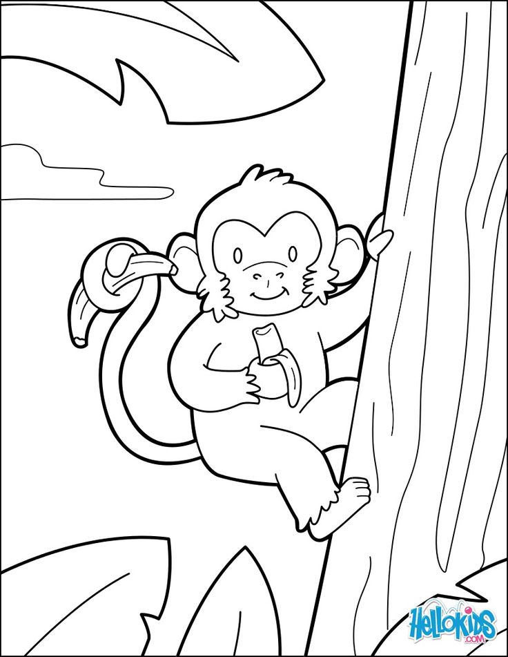 Cartoon monkey climbing a tree and holding banana