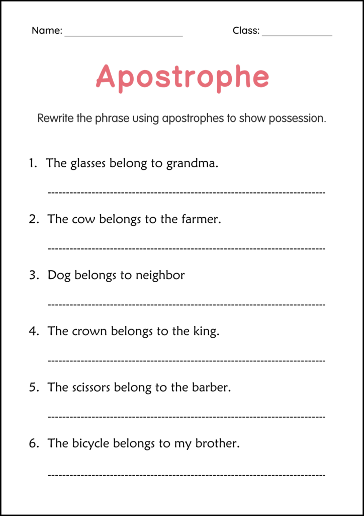 Apostrophe worksheet with fill-in lines and sentences