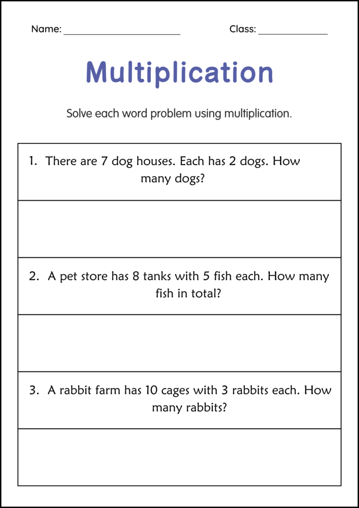 Multiplication word problem worksheet with three questions