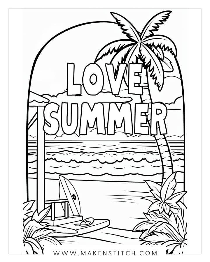 Black and white summer coloring page with beach and palm tree