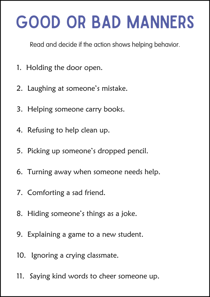 Good or bad manners worksheet with numbered statements
