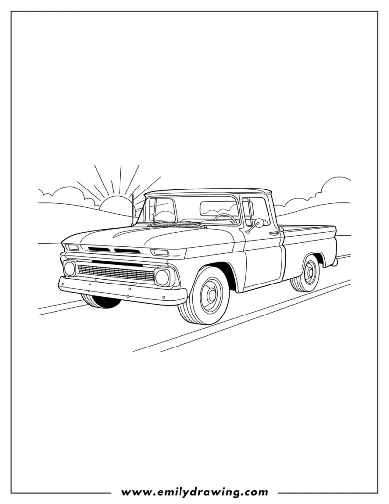 Line drawing of vintage pickup truck driving on road