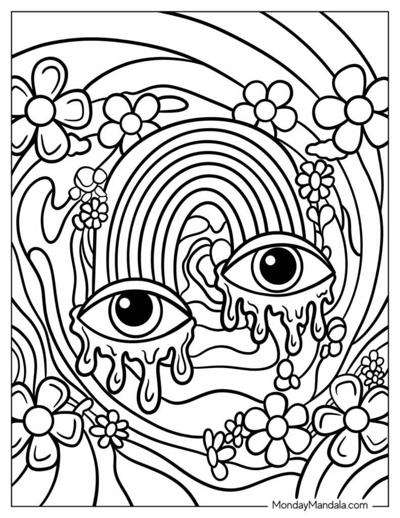 Black and white psychedelic face with flowers and eyes