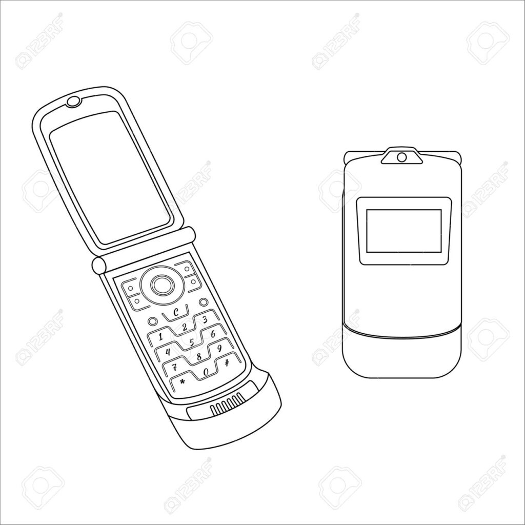 Line drawing of two flip phones on white background
