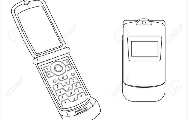 Line drawing of two flip phones on white background