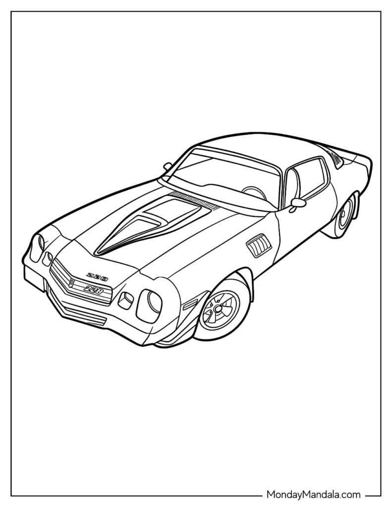 Black-and-white drawing of a classic muscle car