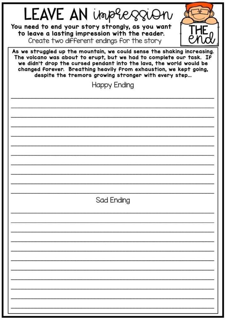 Story writing worksheet with happy and sad endings