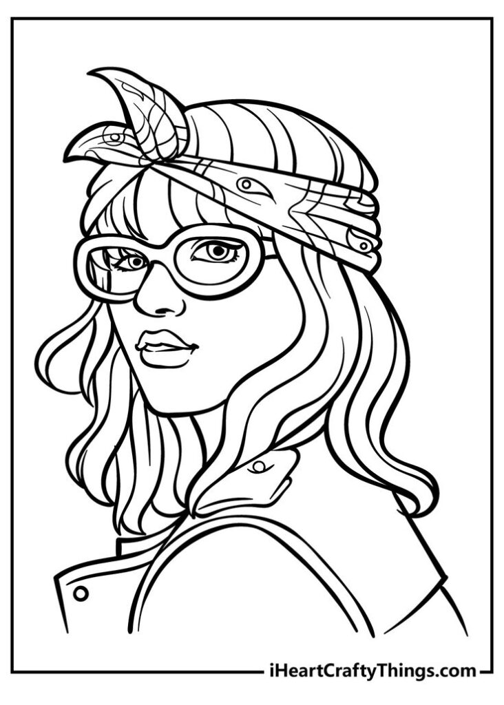 Black-and-white line drawing of woman with glasses and headscarf