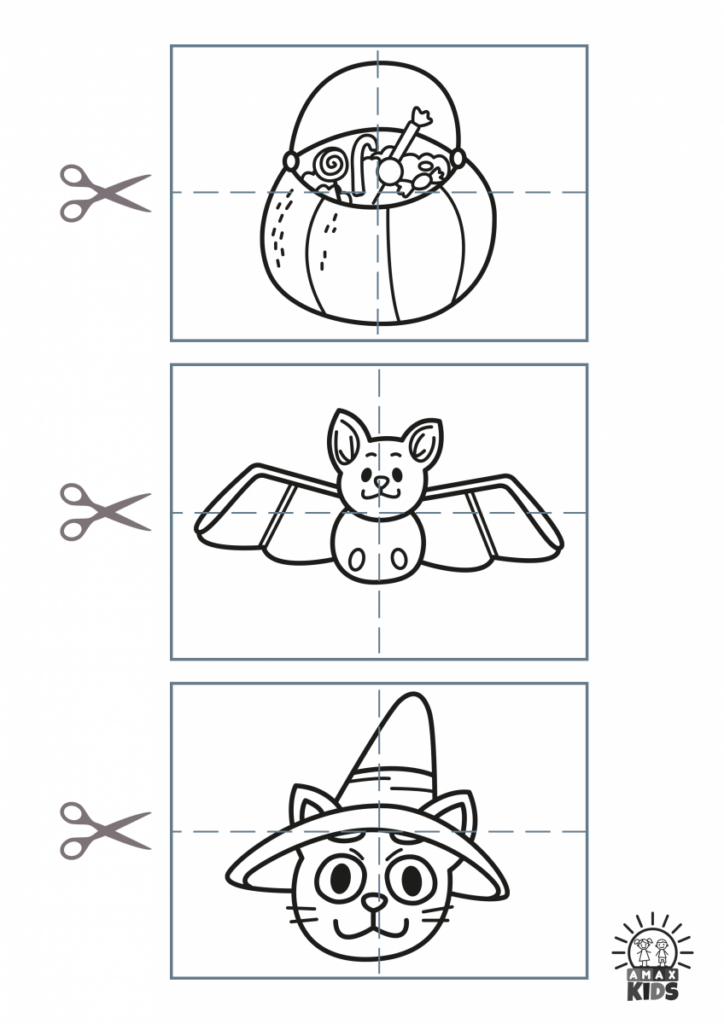 Three black-and-white Halloween cutout activity panels with scissors icons