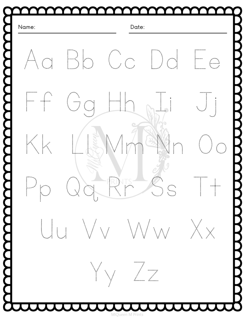 Alphabet tracing worksheet with dotted letters and border