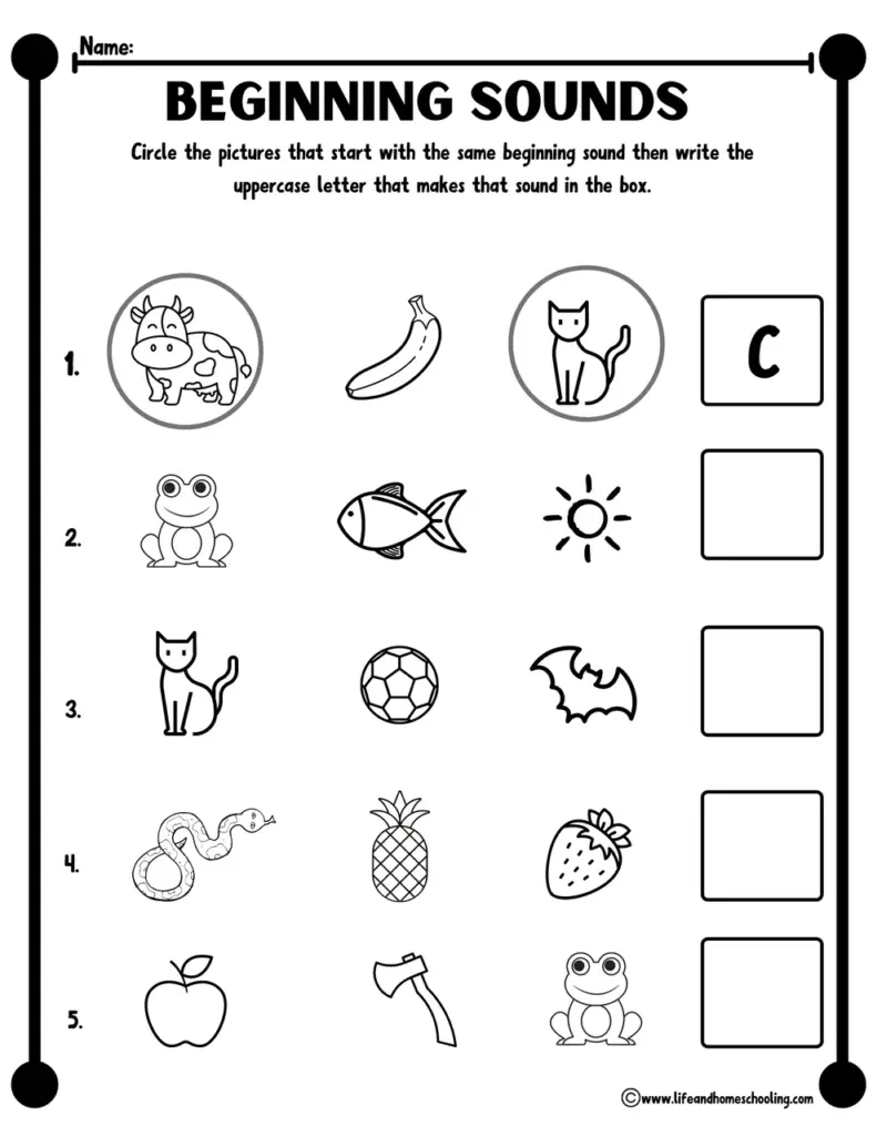 Beginning sounds worksheet with animal and object pictures