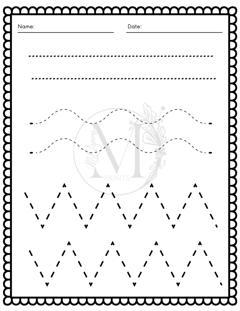 Black-and-white tracing worksheet with dotted and dashed lines