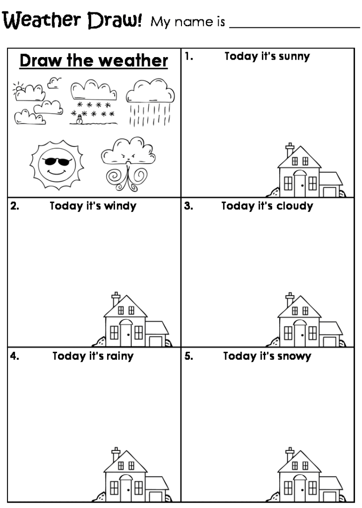 Weather worksheet with weather drawings and house panels