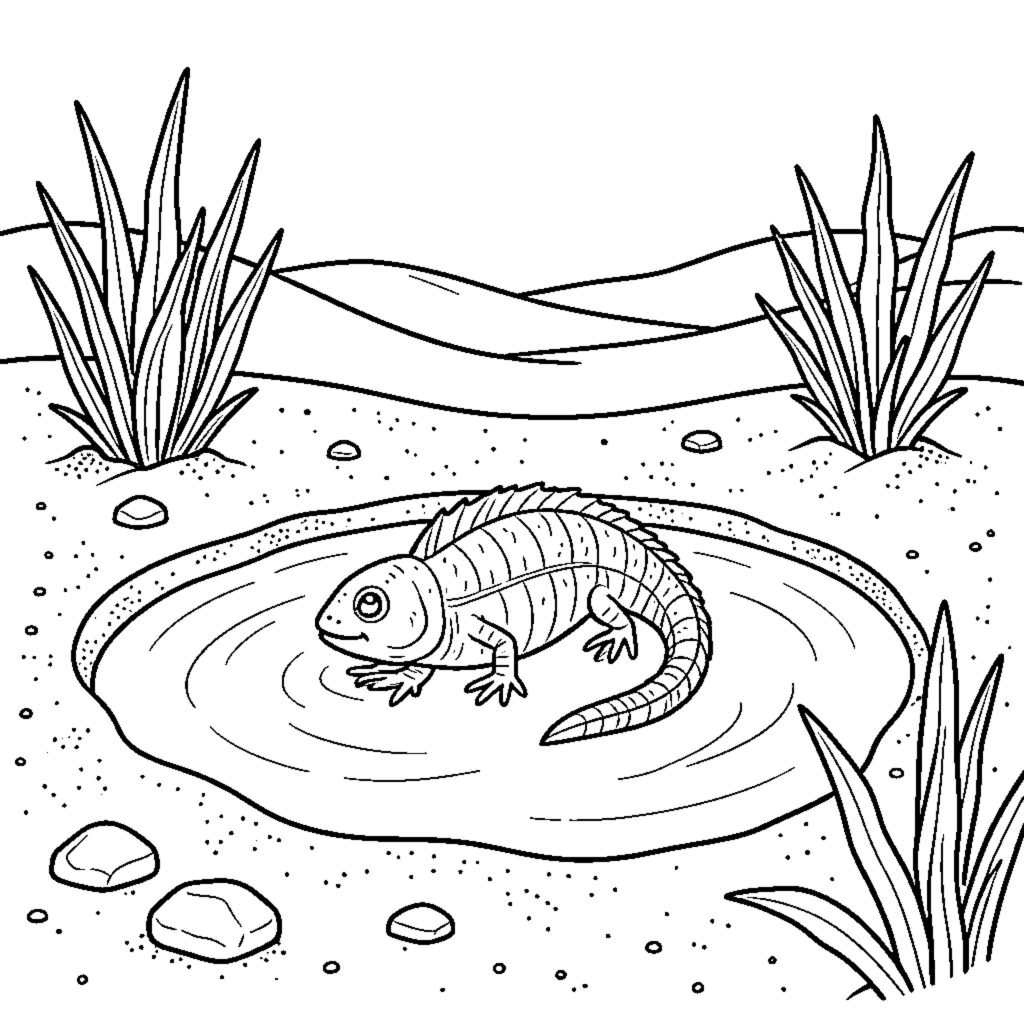 Coloring page of lizard beside a small pond, desert plants around it